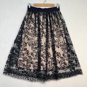 Metrowear Sheer Black Floral Tulle Lace Over Beige Wide Waistband Skirt Medium